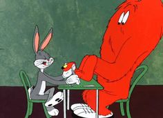 an animated rabbit sitting at a table with another bunny standing next to him and eating carrots