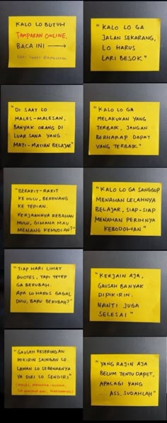 several yellow sticky notes with words on them