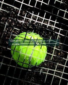 a green tennis ball sitting on top of a black net next to a street sign