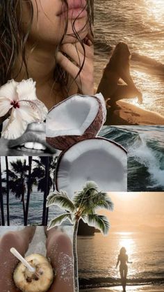 a collage of photos with a woman on the beach and palm trees in the background