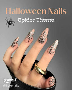 Download Lemon8 today! Fall Acrylic Nail Designs 2023, Fall Nails Spider Web, Spooky Almond Nails Ideas, Neutral Spooky Nails, Metallic Halloween Nails, November Inspired Nails, Low Key Halloween Nails, Spooky Chrome Nails, White Spiderweb Nails