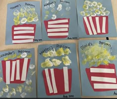 four pictures of popcorn on paper with words written in them and flowers growing out of them