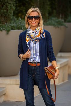 Navy Coat With Scarf Outfit, Neutral Colored Outfits For Women, Blue Fall Outfits For Women, Navy Cardigan Outfit Work, Blue Blazer Outfits For Women Work, Navy Striped Shirt Outfit, Over 50 Winter Outfits, Classic Womens Style, Navy Blue Cardigan Outfit