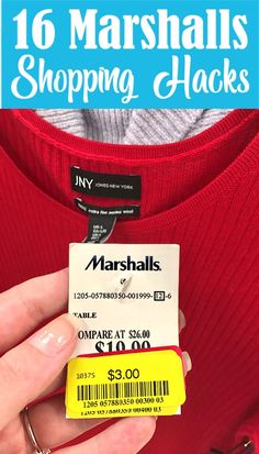 a person holding up a red shirt with a yellow tag on it and the text, 10 marshall shopping hacks