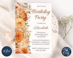 a birthday party card with flowers on it