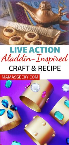 an advertisement for the art and crafts show with gold jewelry on purple background, text reads live action aldalin - inspired craft & recipe