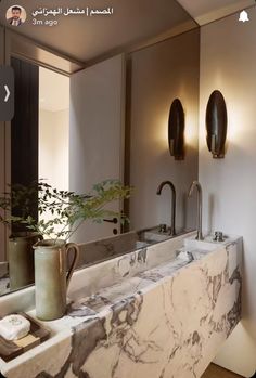 a bathroom with two sinks and a large mirror in it's center wall, next to a potted plant