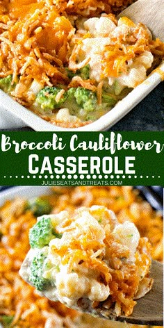 broccoli cauliflower casserole on a wooden spoon in a white dish