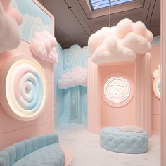 a room with pink and blue clouds on the walls, white circular objects in the center