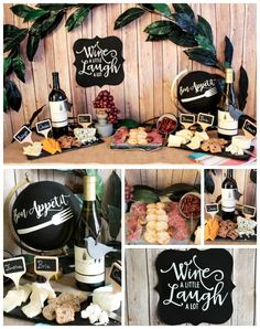 a collage of photos with wine and snacks