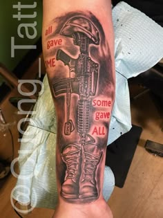 a person with a tattoo on their arm that says, all gave me some gave all