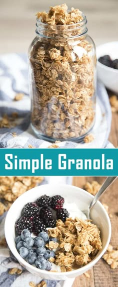 granola in a bowl with blueberries and raspberries on the side next to a glass jar full of granola