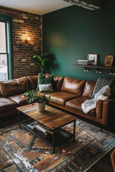 #homedecor, #interiordesign, #homedesign, #decor inspiration Dark Green And Walnut Living Room, Boho Dark Green Living Room, Dark Green Brick Fireplace, Green Black Room Aesthetic, Living Room Autumn Colors, Emerald Green And Brown Living Room, Living Room Ideas Green Walls, Moody Earthy Living Room, Jade Green Living Room