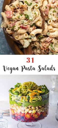 vegan pasta salad in a wooden bowl with text overlay that reads 31 vegan pasta salads