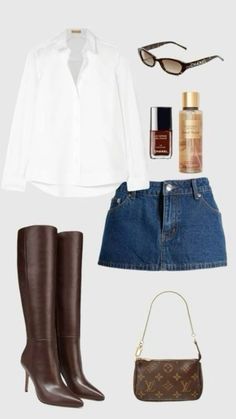 2024 Fall Outfits | Skirt | Chanel | Louis Vuitton | Dark Brown |Fall Nail |Brown Boots | White Shirt |Sunglasses | Bag | Outfits  Bag link :https://eu.louisvuitton.com/eng-e1/products/pochette-accessoires-monogram-nvprod4710018v/M82766  Nail polish link : https://www.chanel.com/us/makeup/p/179153/le-vernis-longwear-nail-colour/ Outfits For Outside Party, Minimal Fits, Corporate Girlie, London Outfits, Luxury Photography, Personal Closet, Outfit Styles, Europe Outfits