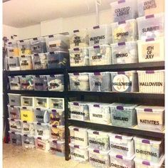 the shelves are filled with many different types of containers and bins for halloween decorations