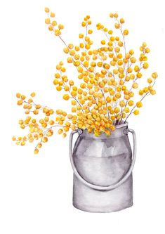 a watercolor painting of yellow flowers in a gray vase