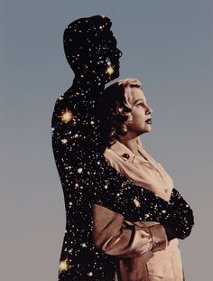 a man and woman standing next to each other with stars in the sky behind them