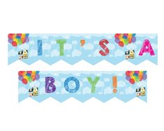 it's a boy banner with balloons and clouds