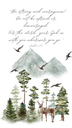 a watercolor painting with trees and birds flying over it, in the background is a mountain