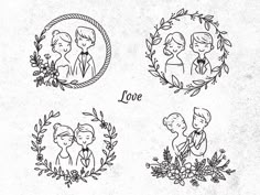 four hand drawn images of people in wreaths with the word love written on them