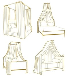 four different types of canopy beds with curtains on top and bottom, one in the middle