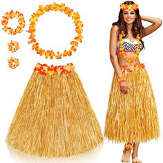 a woman wearing a hula skirt and matching headband with orange flowers on it