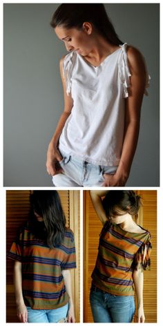 three pictures of different types of clothing and one is wearing a top with ruffles