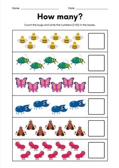 a worksheet with the words how many? and pictures of insects on it