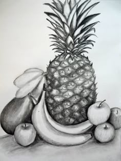 a pencil drawing of a pineapple, pears and bananas on a table top