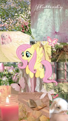 the collage shows many different pictures with pink and yellow flowers on them, including a little