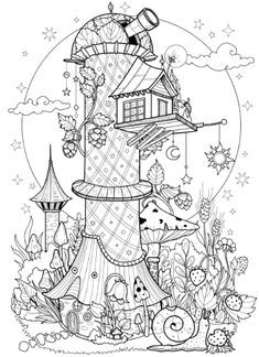 a black and white drawing of a house surrounded by plants, mushrooms and other things