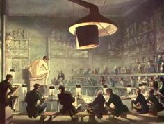 a painting of people sitting at tables in a room