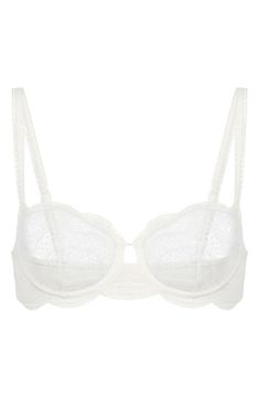 A French-designed bra with lightweight, breathable spacer-foam demi cups is overlaid in flat, scalloped lace for everyday glamour. 69% polyamide, 31% elastane or 73% polyamide, 27% elastane Hand wash, dry flat Partially lined Imported Cream Full Coverage Bra With Removable Pads, Full Coverage Cream Bra With Removable Pads, Push-up Lace Bra With Removable Cups, Lace Push-up Bra With Removable Cups, Beige Lace Bra Comfortable, Feminine White Bra With Lace Closure, White Feminine Bra With Lace Closure, White Lace Feminine Bra, White Lace Bra Feminine Style