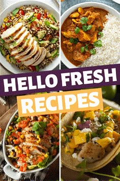 four different pictures with the words hello fresh recipes on them and an image of chicken, rice