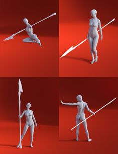 four different poses of a naked woman holding a spear and an arrow with both hands