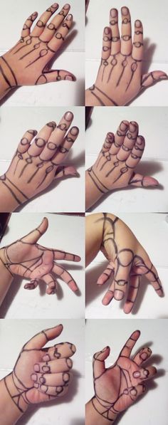 several pictures of hands with different designs on them, all showing the fingers and palms