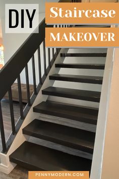 stairs that have been painted black and white with the words diy staircase makeover