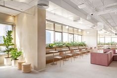 an empty office with pink couches and plants in the window sill, along with tables and chairs