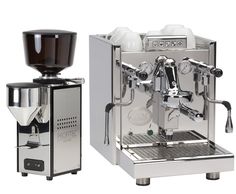 an espresso machine and grinder sitting next to each other