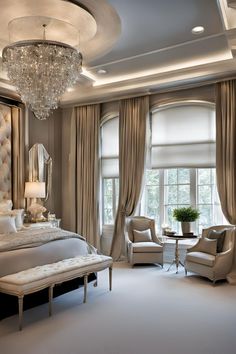 a luxurious bedroom with chandelier, bed and two chairs in front of the window