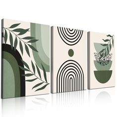 three canvases with different designs on them, one is green and the other is white