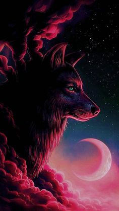 a painting of a wolf staring at the moon