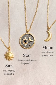 Necklaces For Layering, Sun Moon And Star Necklace, Sun And Moon Jewelry Necklaces, Sun Moon Star Necklace, Sun Moon Jewelry, Sun Moon Rings, Star And Moon Jewelry, Moon And Sun Jewelry, Sun Jewelry Aesthetic