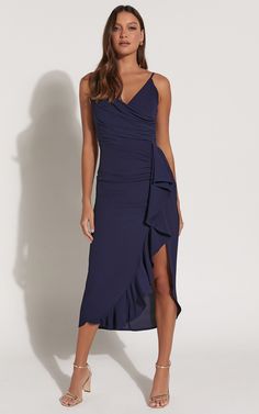 Aylene Midi Dress - Draped Ruffle Split Dress in Navy | Showpo USA Out For Drinks, Navy Cocktail Dress, Short Long Dresses, Dress Drape, Ruffle Midi Dress, Split Dress, Navy Dress, Ruffle Dress, Wedding Outfit