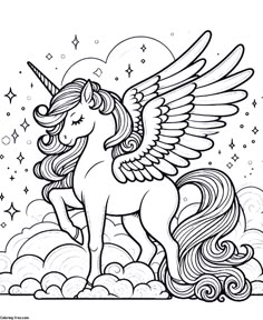 an unicorn with wings on top of clouds