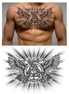 a man's chest with tattoos and wings on it