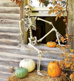 a skeleton sitting on top of hay next to pumpkins in front of a window