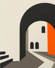 an orange and black arch over a white building with steps leading to the doorways