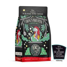 The front of a 12 ounce bag of Bones Coffee Company Frog’s Breath coffee inspired by Disney Tim Burton’s The Nightmare Before Christmas. Its flavor is chocolate mole and it has Sally on the art. Frogs Breath, Bones Coffee, Coffee Line, Ground Coffee Beans, Medium Roast Coffee, Salted Caramel Chocolate, Ice Cream Cookies, Vanilla Cookies, Coconut Rum